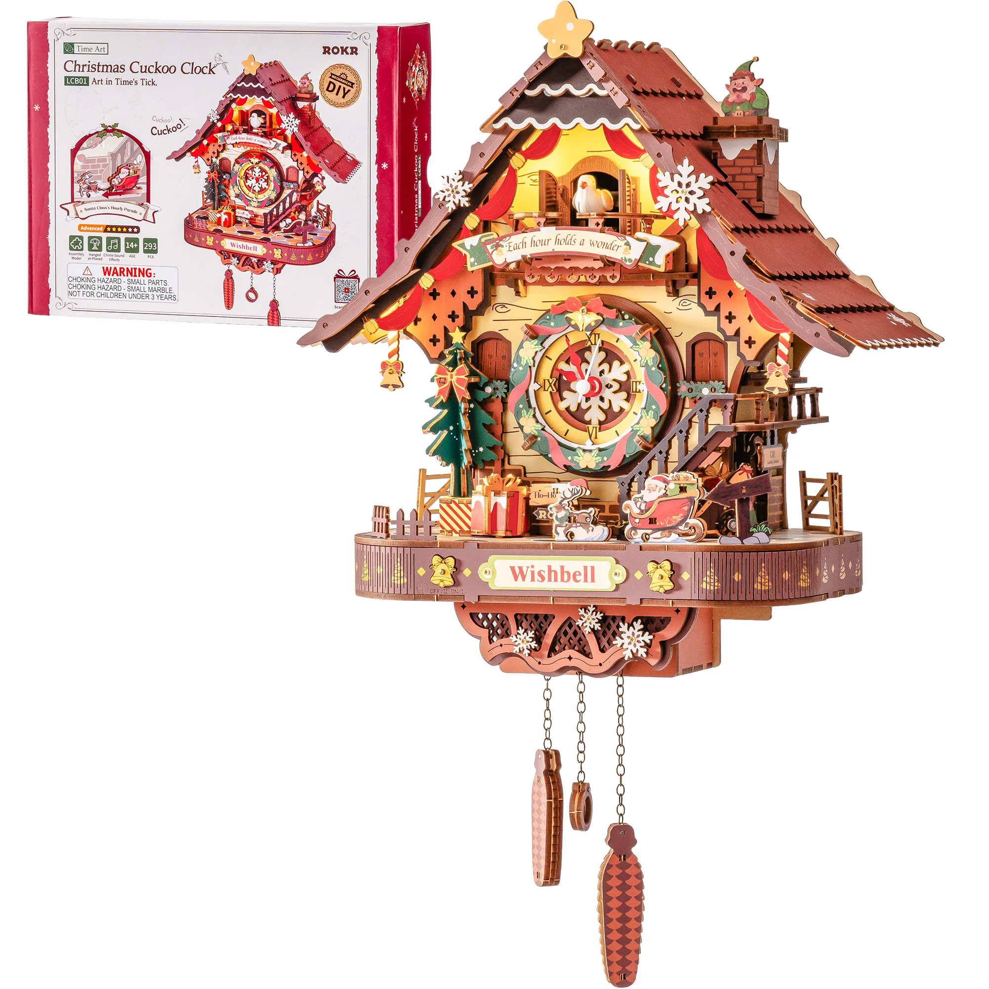 ROKR Christmas Cuckoo Clock 3D Wooden Puzzle Wall Decor Kit Santa Wall Clock Wooden Christmas Decoration Holiday Cottage Decor