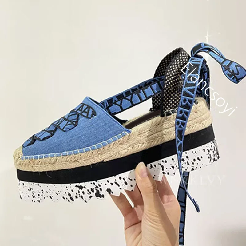 Spring Autumn Canvas Fabric Back Strap Sandals Women's Slope Heel Mixed Color Roman Flat Shoes Casual Versatile Commuter Shoes