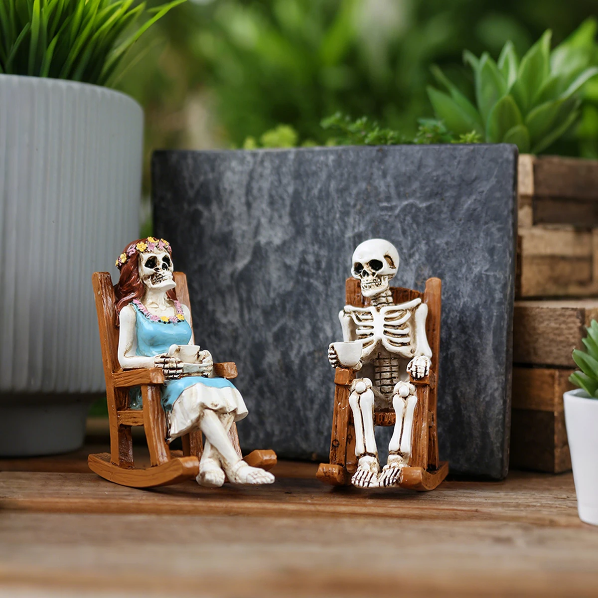 2pcs Lounge Chairs for Coffee, Skeleton Couple, Halloween Home Decoration Ornaments, Gothic Outdoor Garden Decoration Bonsai Sta - view 5