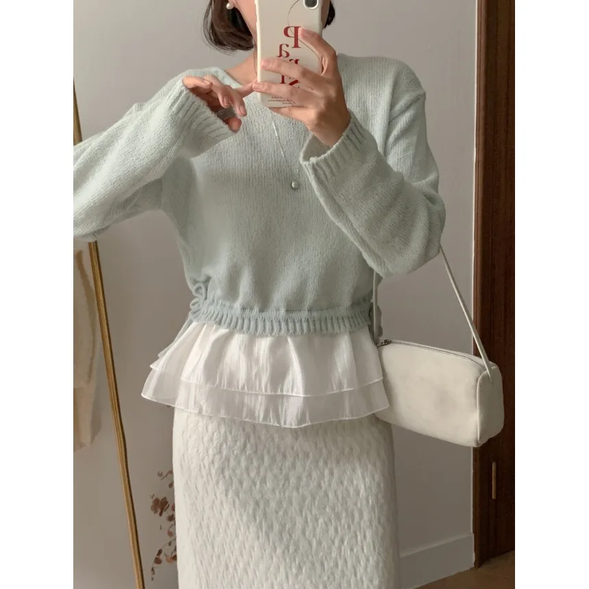 달콤한 니트 스웨터 브이넥 스플라이스 스커트 여성 패션 초봄 신상 다용도 탑 한국 스타일 캐주얼웨어