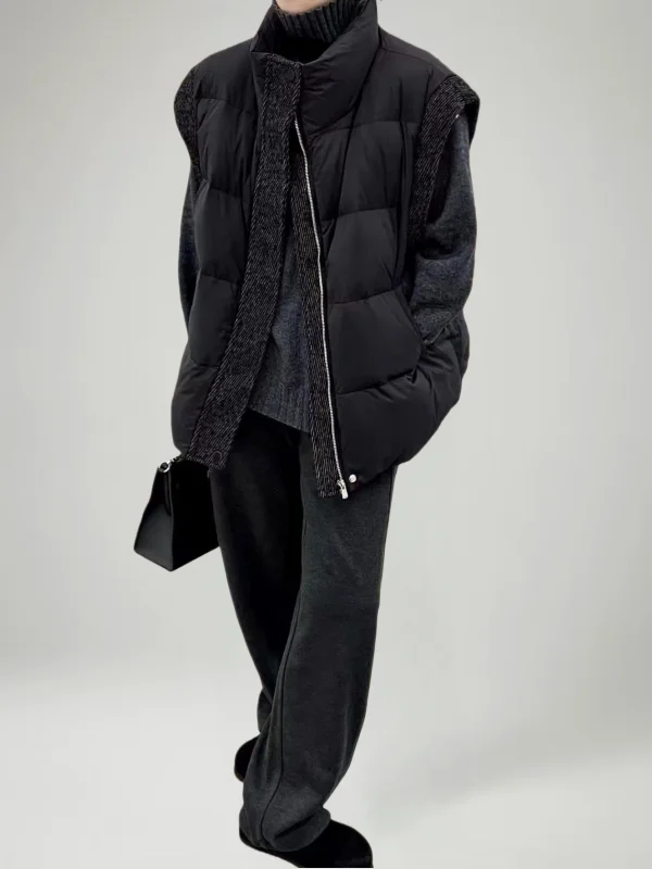 

Warmth Women's Oversized Bla down Cotton Vest Autumn Winter Design Sense Patchwork Jaet Outerwear Faionable Commute Sle