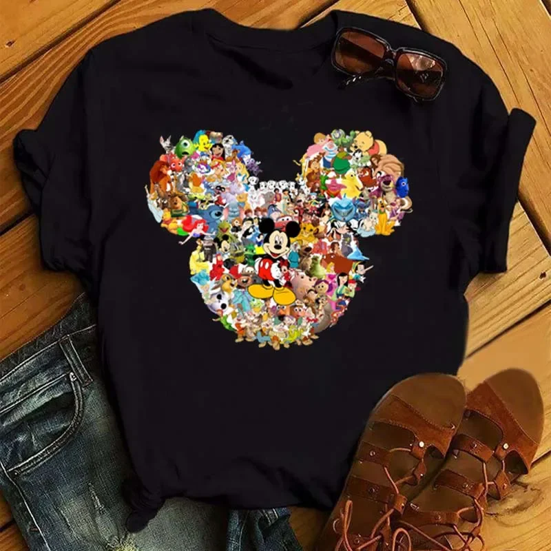 

Disney Fun Cute Loose Women's T-shirt Mickey Mouse Head Printed T-shirt Kawaii Girls Fashion Pattern Short Sleeve Top T-shirt