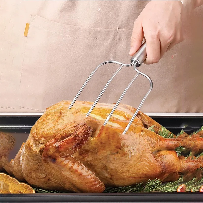 IK Stainless Steel Four Needle Turkey Fork barbecue fork meat divider  multi headed  durable grill Roasted Lamb Leg Grilled