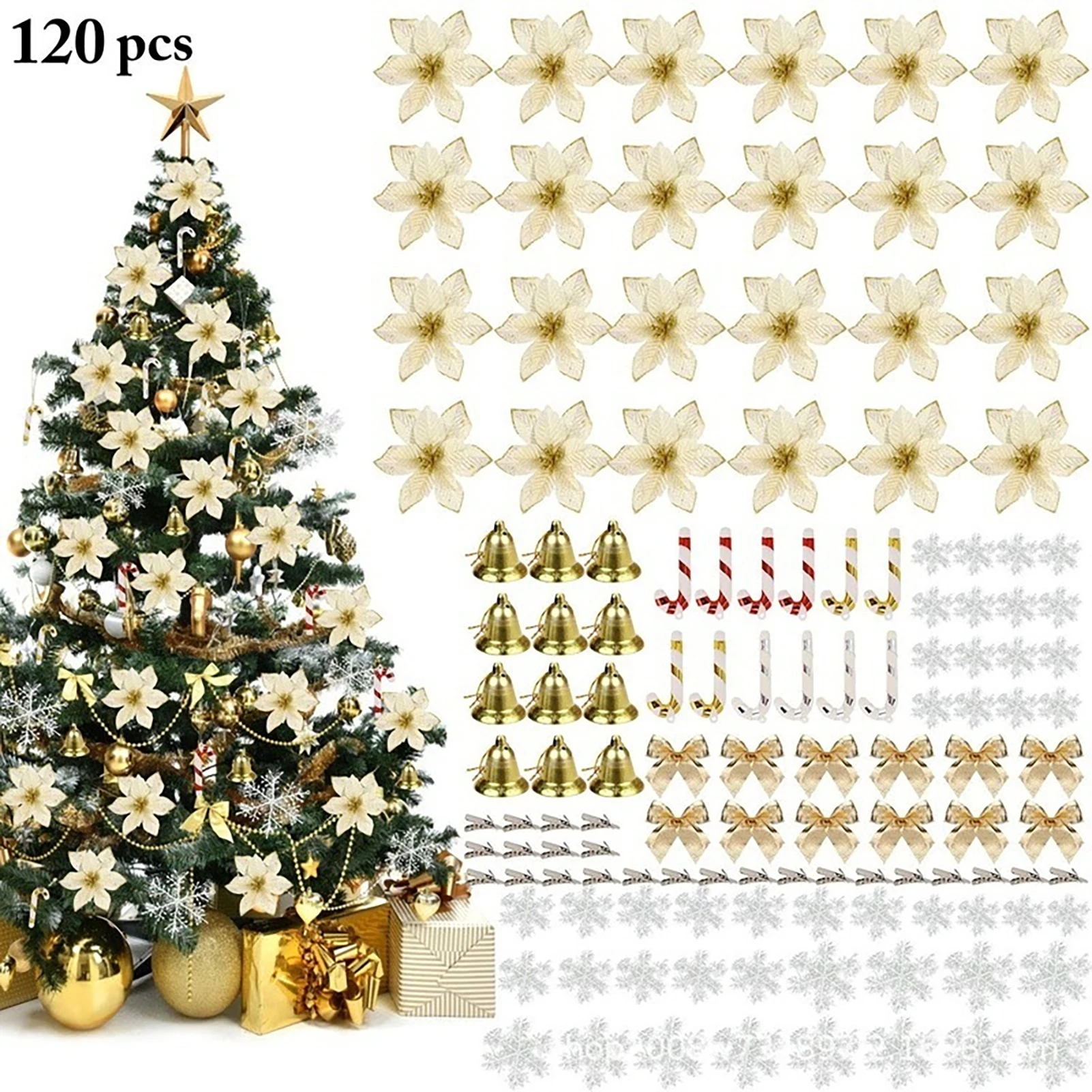 

120pcs Christmas Tree Decoration Artificial Flowers Snowflake Xmas Bell Bow Pendant DIY Xmas 2024 New Year Party Decor Navidad