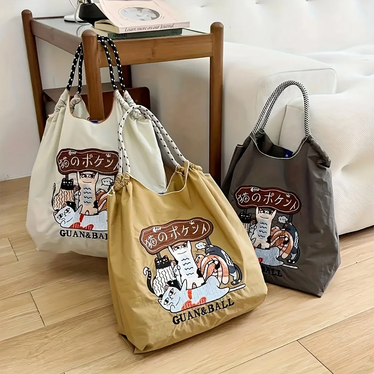 1pc Ball&Chain Astronaut Environmental Bag Kawaii Nylon Canvas Embroidery Large Capacity Shoulder Bag Shopping Bag Girls Gifts