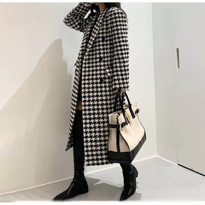 2025 Autumn New Korean Thousand Bird Grid Coat Medium and Long Over the Knee Celebrity Small Fragrant Coat Woolen Jacket Women