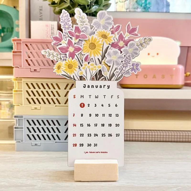 Calendário de mesa floral com flores floridas, decor de madeira, série bonita, criativo, 2024