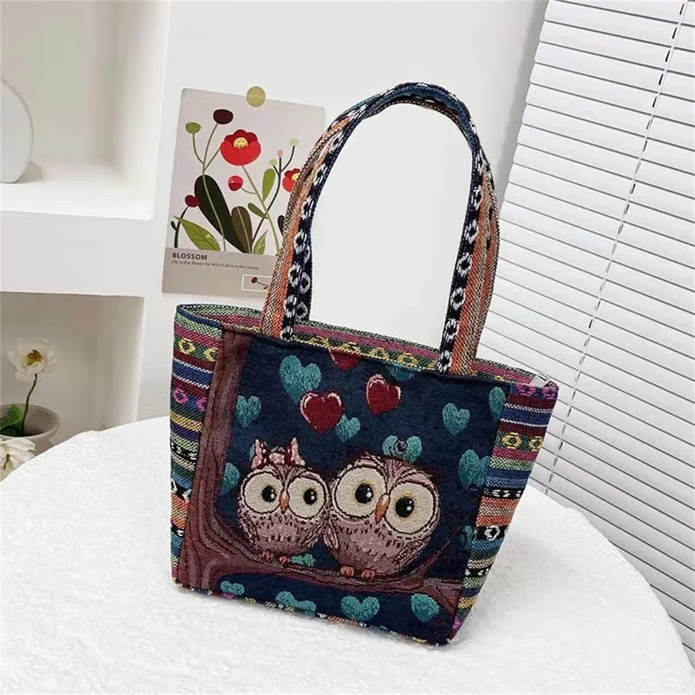 Embroidered Owl Elephant Printed Handbag Lady Large Capacity Reusable Shopping Bags For Women Retro Shoulder Tote Bag