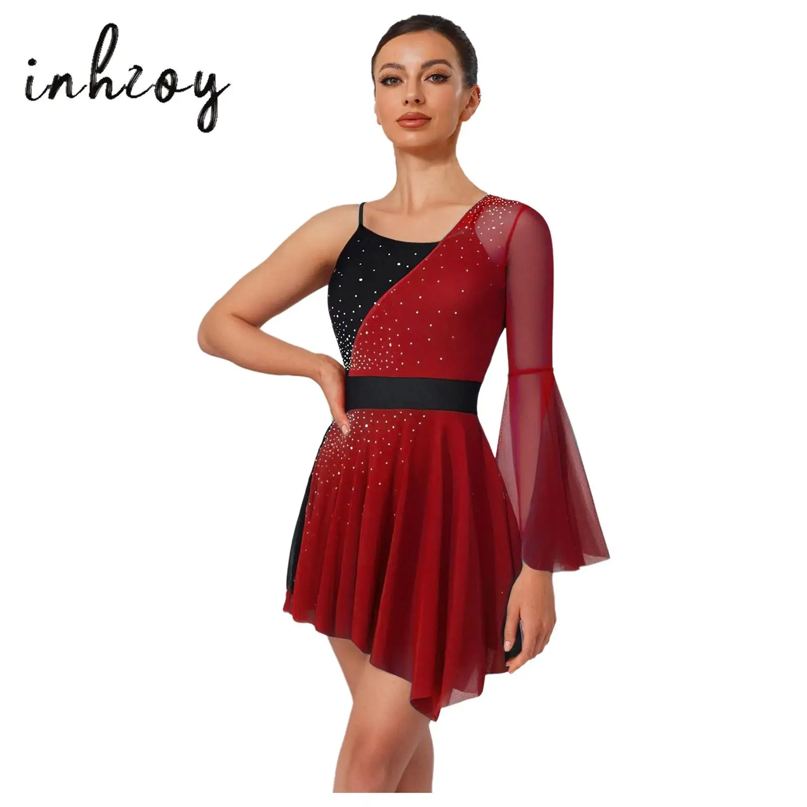 Women's Shiny Figure Skating Dress Color Block One Flare Sleeve Built-in Briefs Irregular Mesh Leotard Dress for Modern Dance