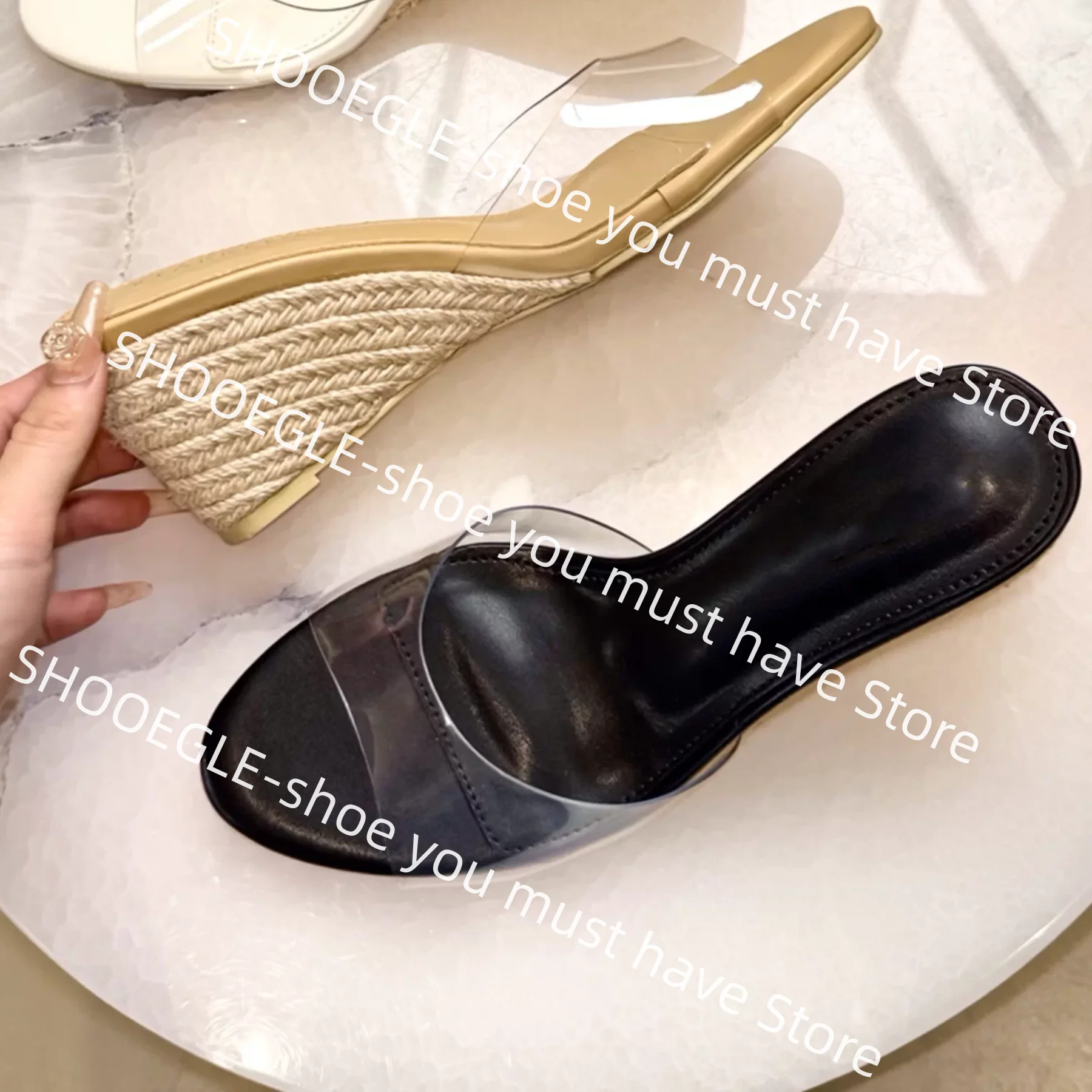 Sandalias de cuña con plataforma de esparto para mujer, diseño clásico de punta abierta con correa de PVC transparente, sandalias casuales de verano para playa