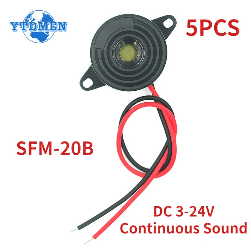 5 uds zumbador de SFM-20B de alto decibelio DC 3-24V zumbador de sonido continuo 2312 zumbador piezoeléctrico activo, para coche Arduino