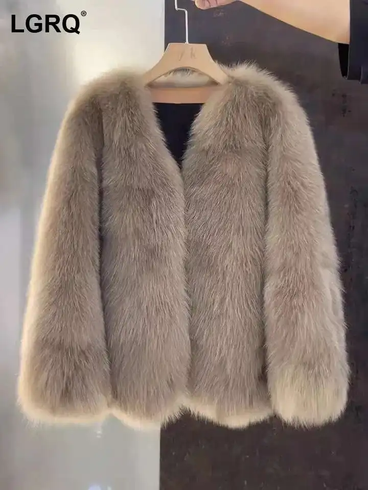 LRGQ Fashion Faux Fur Jacket For Women V-neck Loose Long Sleeves