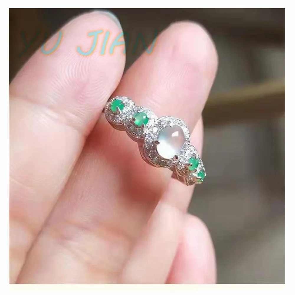 

High-Ice Natural A Goods Jadeite Ring Female S925 Inlaid Jade High Quality Egg Surface Fashion Handring Adjustable Fine Jewelry