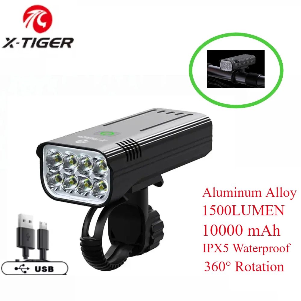 

X-TIGER Bike Light Set Powerful USB Rechargeable Bright 10000mAh Bicycle Front Lights IPX5 Waterproof Cycling Front Lamp Mtb