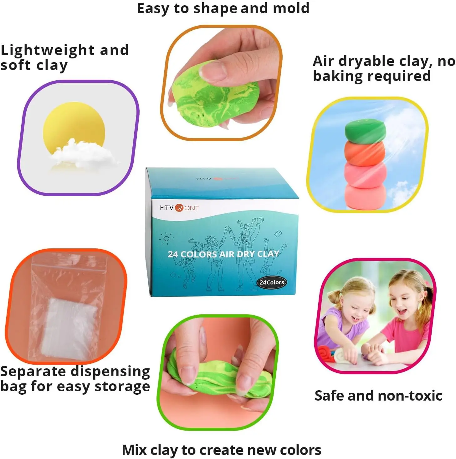 HTVRONT Air Dry Clay - 24 Colors Modeling Clay Kit with 8 Sculpting Tools, Magic Foam Clay for Kids and Adults, Non-Toxic