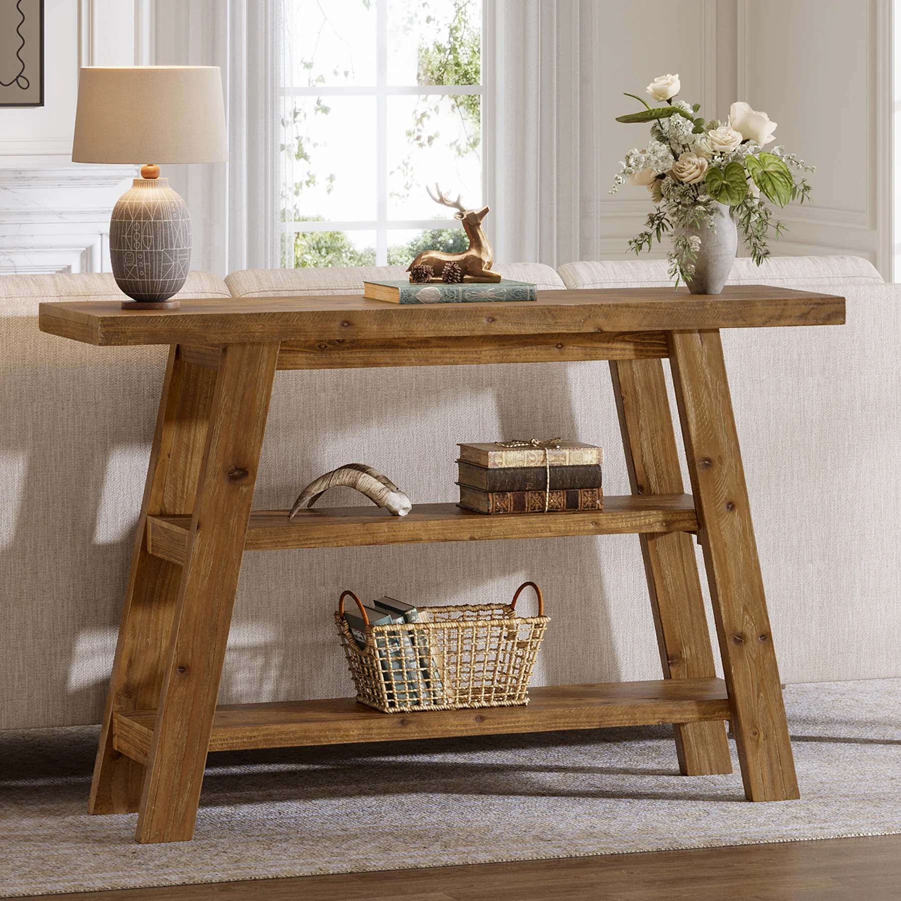 Solid Wood Console Table, 47.24" Farmhouse Narrow Entryway Table with 3-Tier Storage Shelves, Accent Sofa Table for Hallway, Foyer & Living Room (Retro Brown) view 7