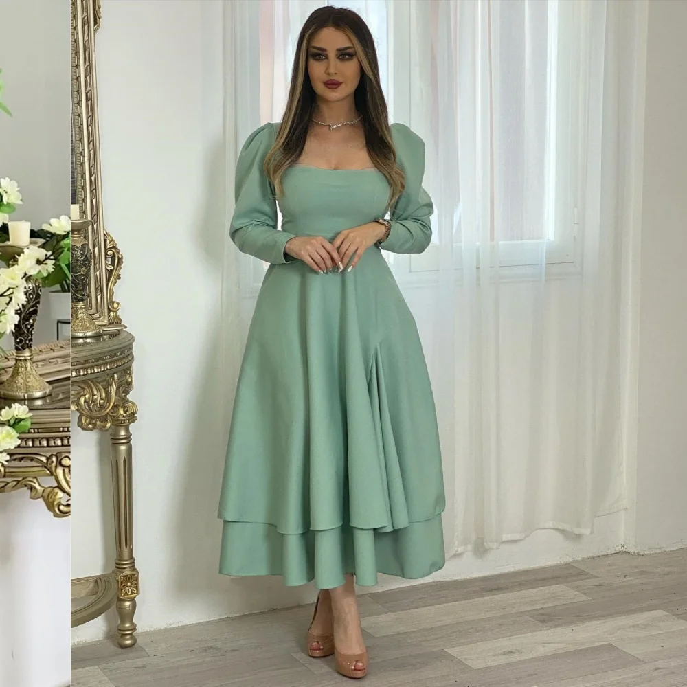 Customized  Evening Jersey Draped Tiered Clubbing A-line Square Neck Bespoke Occasion Gown Midi Dresses   