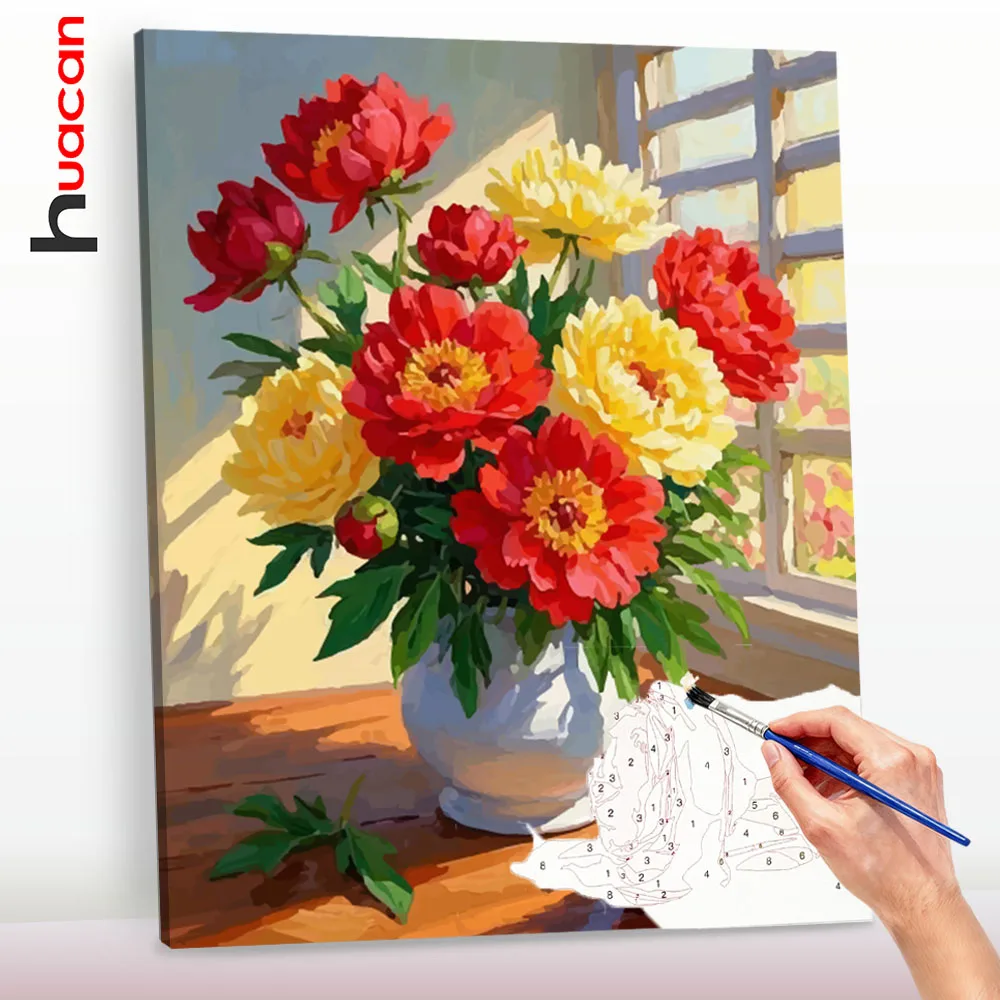 Huacan DIY Malen nach Zahlen, Pfingstrosen-Blumenbild, Kunsthandwerk auf Leinwand, digitales Ölgemälde, Acrylfarben-Sets, Heimdekoration, Geschenk ﻿ ﻿ ﻿