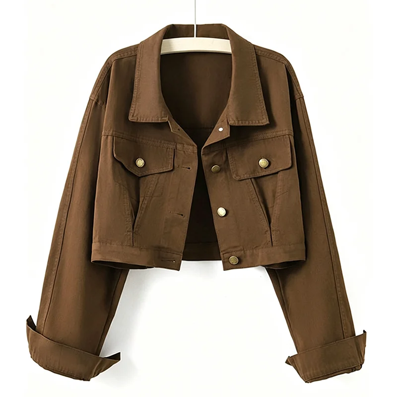 Women Brown Cropped Denim Jackets Lapel Long Sleeve Chic Jeans Coats Metal Button Casual Short Outerwear Streetwear Lady Commute