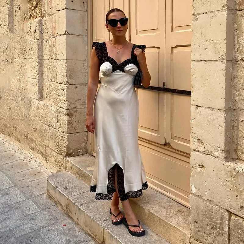 Satin V-neck Long Dress Women Sexy Sleeveless Lace-up Party Dresses Elegant Lace Slit Maxi Dresses 2026 Spring Vestidos