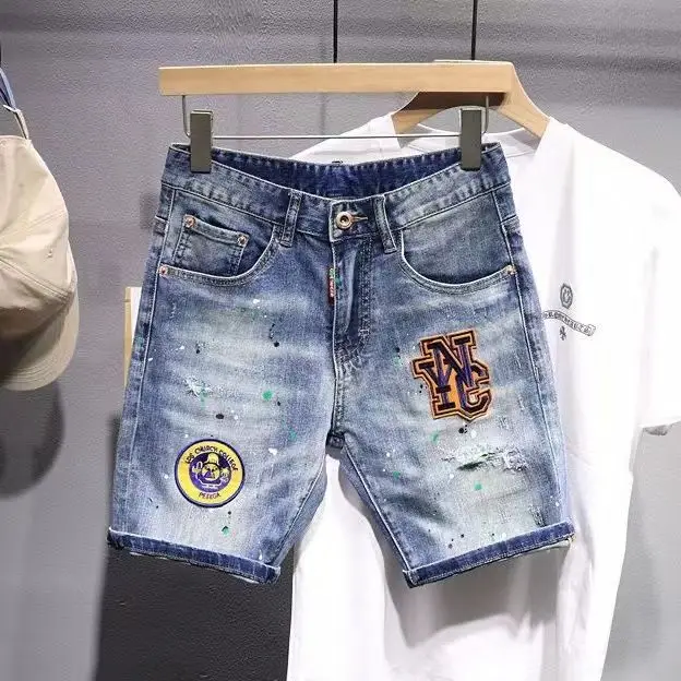 Summer Luxury Clothing Light Blue Embroidered Badge Ripped Jeans Men's Shorts Elastic Casual Slim-fit Washed Denim Pants Trend