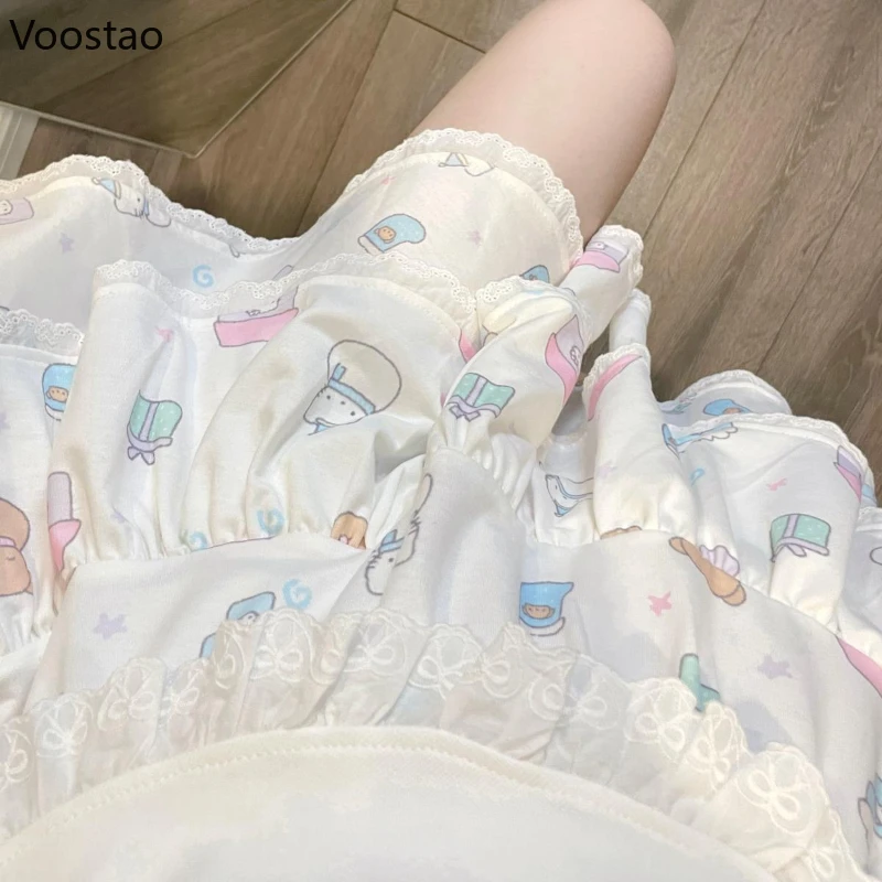 Japanese Kawaii Cartoon Print Lolita Mini Skirt Women Casual Lace Ruffles Y2k Cake Skirts Girls Sweet Elastic Waist Short Skirt