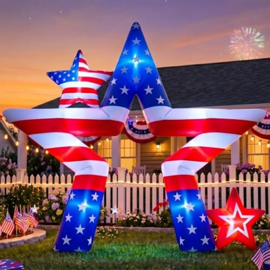 

Outdoor 10 Feet 4th of July Inflatables for Lawn Yard Garden, PVC Material, Red White Blue, Lighted Star Arch with American Fla