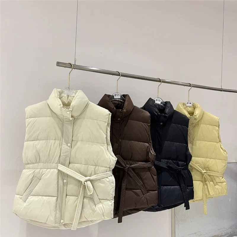 With Belt Winter Stand Collar Down Waistcoat Jacket Women Warm Light Thin White Duck Down Vest Lady Short Loose Sleeveless Tank