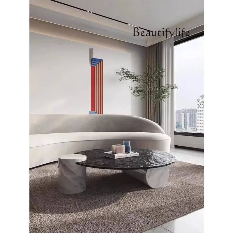 Tt Italian Minimalist Water Corrugated Tempered Glass Round Living Room Light Luxury Modern Stainless Steel Rock Slab Round Tabl