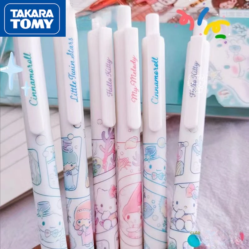 

TAKARA TOMY 2022 New Hello Kitty Girl Heart Press Pen High-value Student Cartoon Half Needle Tube Type Gel Pen 0.5 Black Pen Set