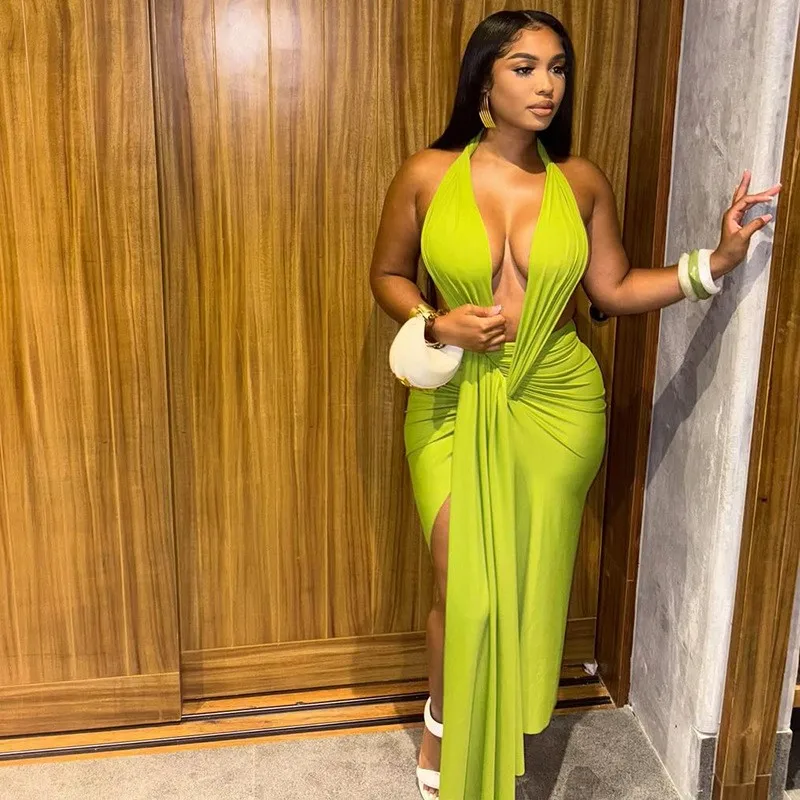 

Summer Women's Clothing Slim Fit Solid Color Halter Neck V Neck Wrap Bodycon Dress For Woman Milk Silk Long Evening Dress