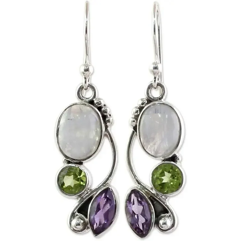 Artisan Handcrafted Multigemstone Dangle Earrings | .925 Sterling Silver Handmade Clear Green Multicolor Purple Dangle Earring