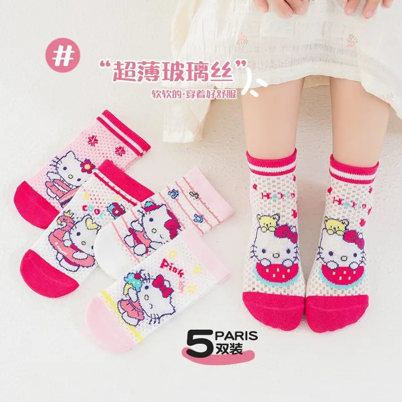 Hello Kitty Cinnamoroll Anime Kawaii Sanrio Calzini casual per bambini Estate Carino Kuromi Calza in rete di seta ghiacciata Regali per bambini