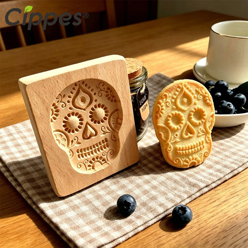 Halloween Wooden Cookie Molds, Beech Wood Pumpkin Ghost Skull Cookie Stamp Moulds for Baking, Gingerbread Mould