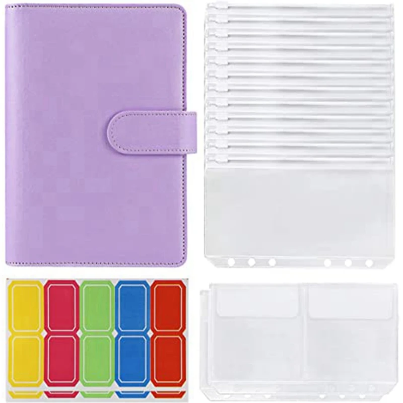 Горячий TTKK 2 комплекта 14 пакетов для папок формата А6 с кожаной крышкой, 6-кольцевая бюджетная папка с денежным конвертом, папка, розовая и фиолетовая