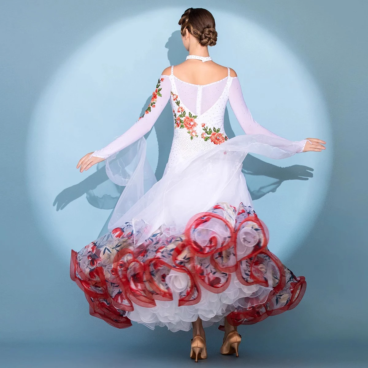 Frauen Modern Dance Strass Farbvielfalt Rot Blumen Kleid Ballsaal National Standard Walzer Wettbewerb Leistung