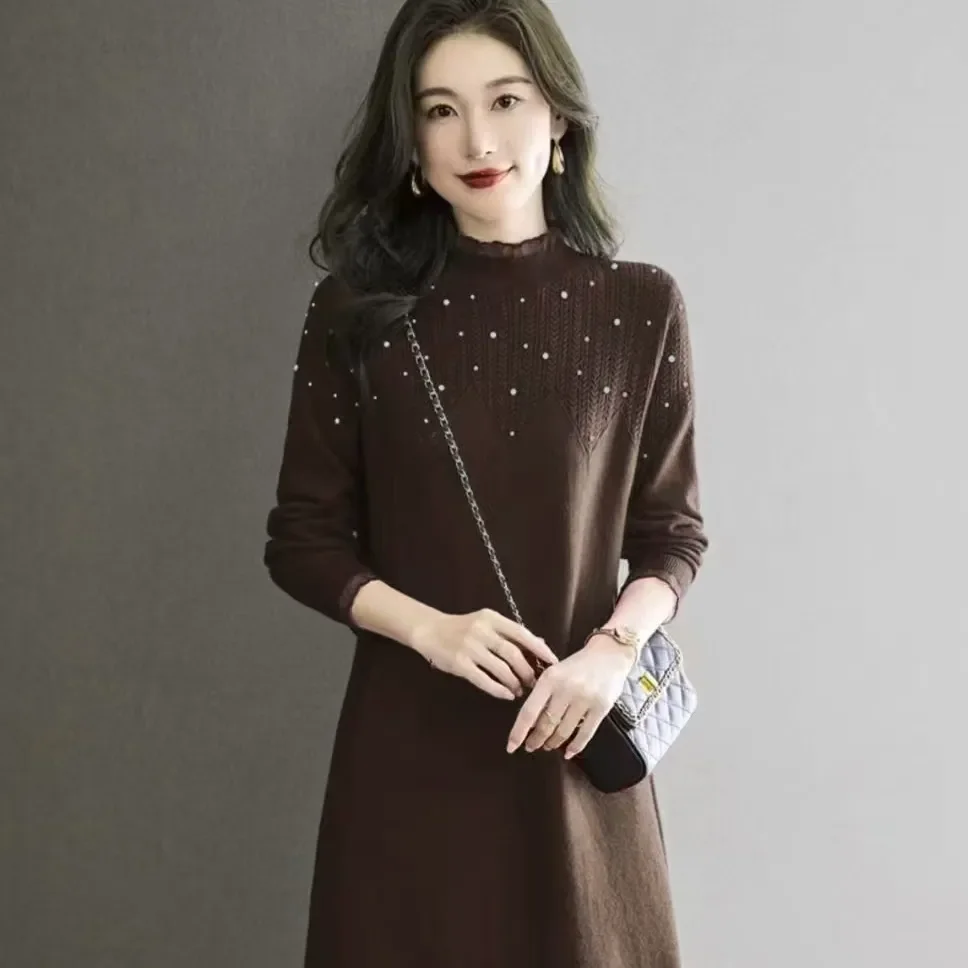 السيدات مزاجه الماس نصف الارتفاع طوق كم طويل ميدي فستان الخريف الشتاء خمر الحياكة س الرقبة فستان أنيق المرأة #2