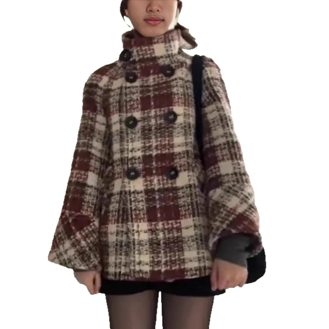 Woman Winter Coats Elegant Warm Plaid Stand Collar Pocket Coat Fashion  Loose Coats Versatile Casual Female Jacket New Outerwear
