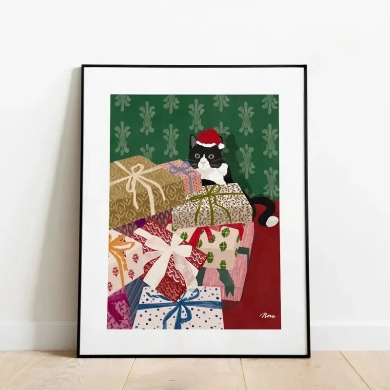 Multiple sizes 1pc frameless Canvas Painting Christmas Gifts Art Poster, Cat Wearing Santa Hat Art, Cat Lover Christmas Wall Art