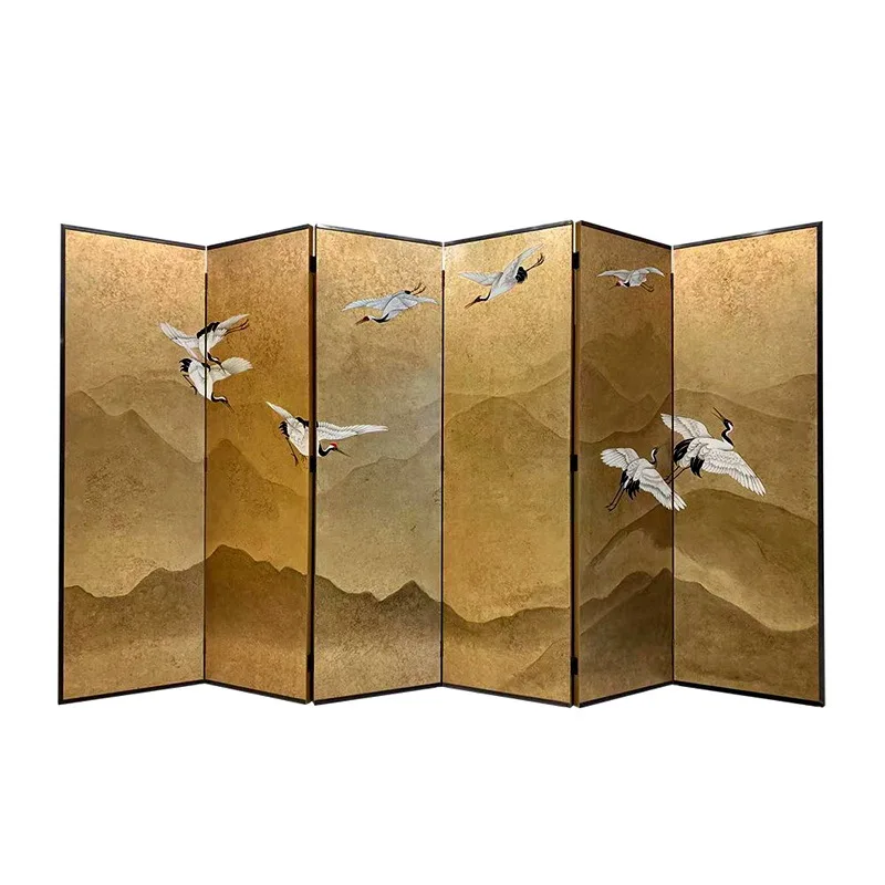 

New Chinese hand-painted landscape crane broken gold hand-painted lacquer painting office background folding partition