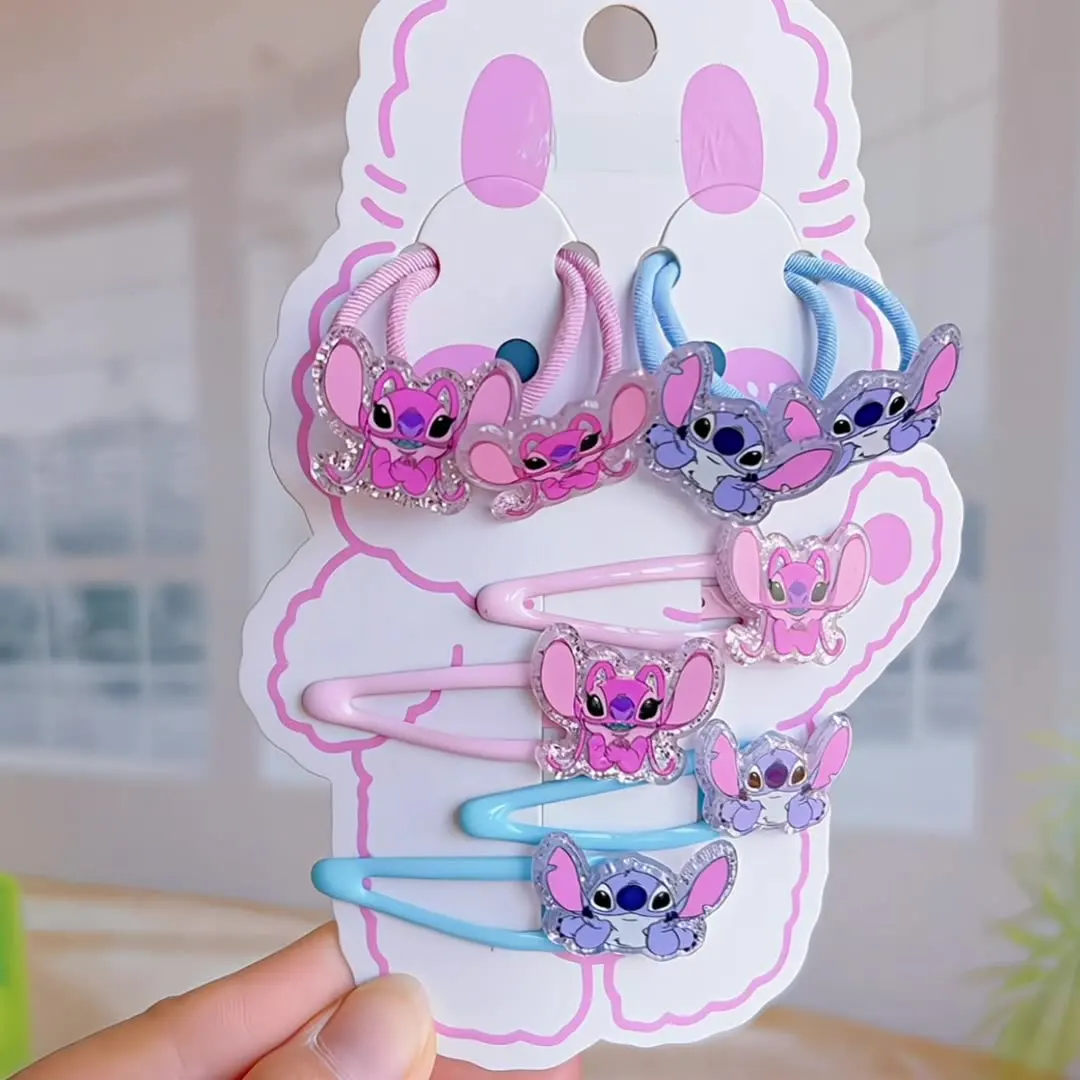 

8pcs Disney Stitch Hair Clip Hair Rope Set Cartoon Bling Onion Pink BB Clip Hair Ring Matching Sethair Accessories Girls