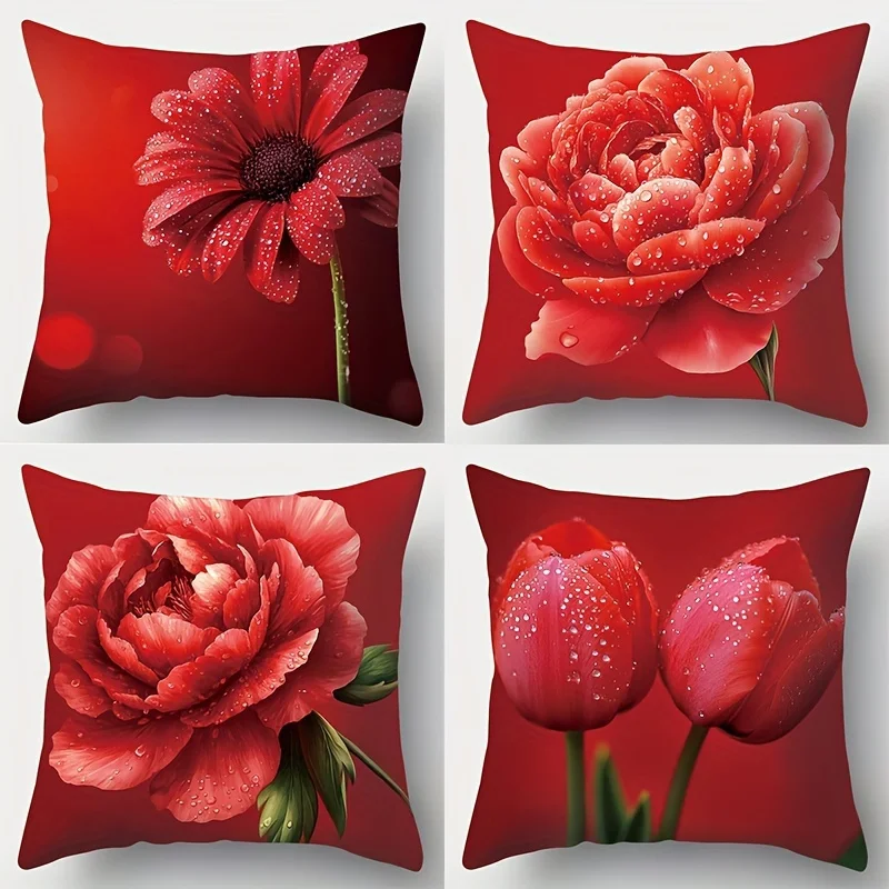 4pcs Red Peony Design digital printing pillow cover Short plush Suitable living rooms bedrooms sofas throw cushion cover