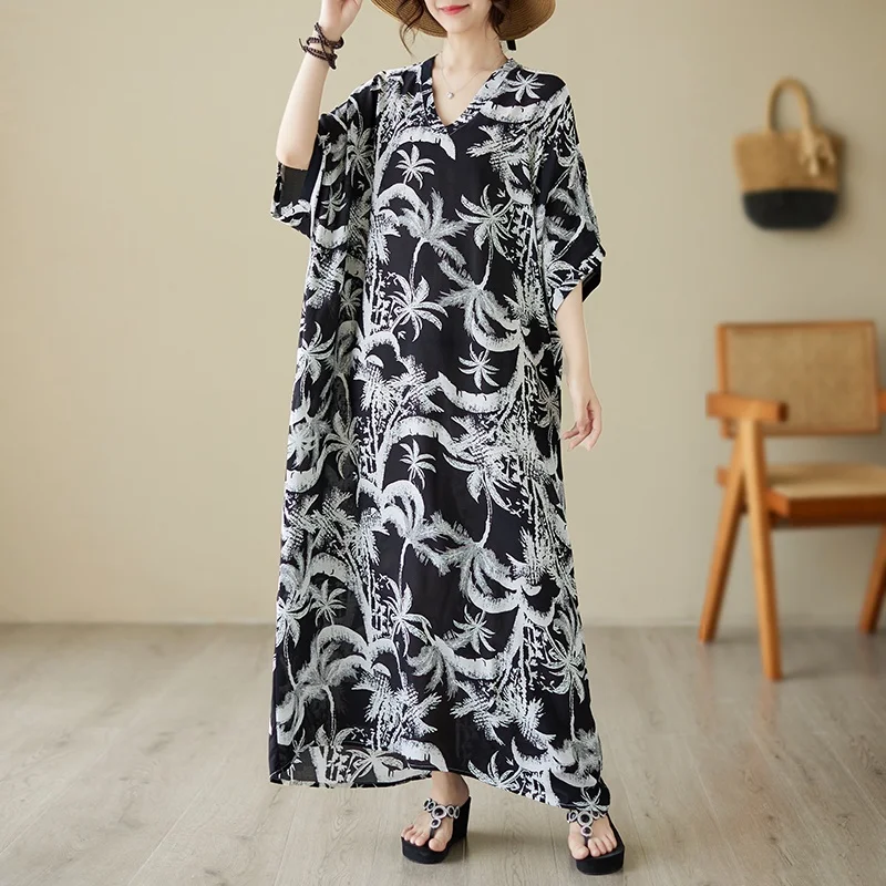 

Black Flower Kaftan Murah Cotton Linen Temperament Slimming Floral Beach Dress Holiday Boho Dress