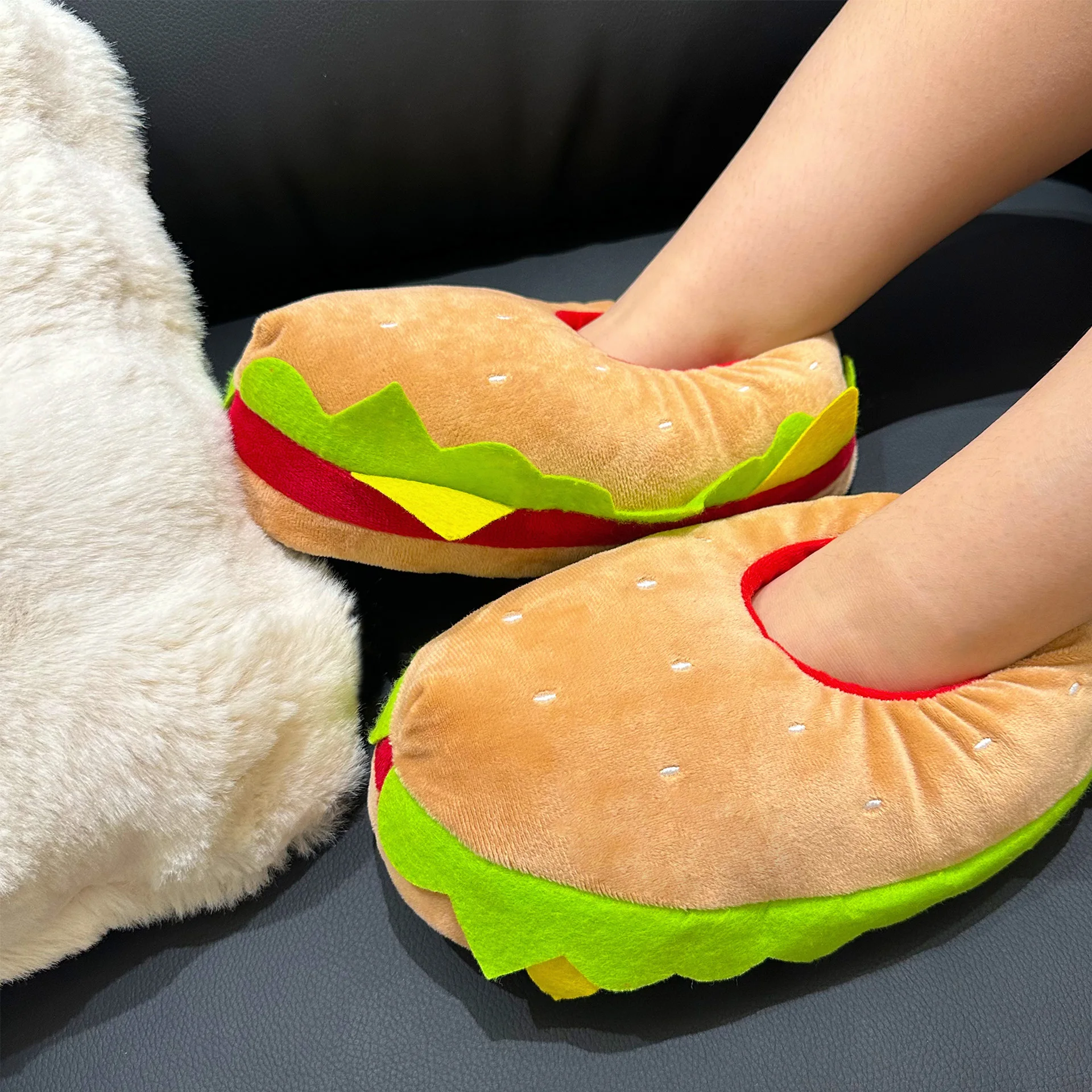 Cartoon Hamburger Slip-On Plush Novelty Shoe,Slip-Resistant Rubber Sole,Cozy Lightweight Warm Fabric for Indoor Perfect Gifts