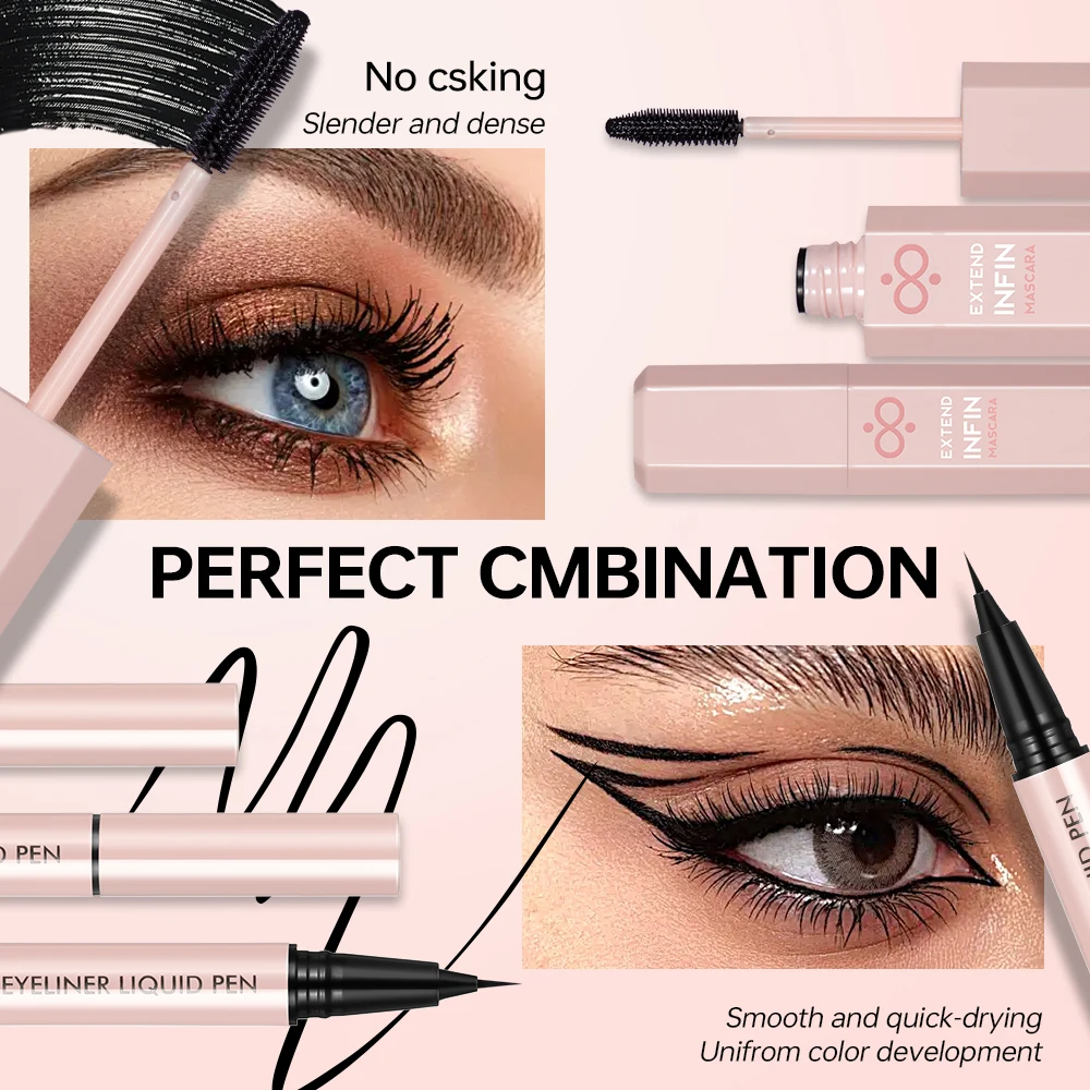 Liquid eyeliner and mascara set, waterproof, no smudge, enlarges eyes, easy for beginners to use, suitable for music festivals,
