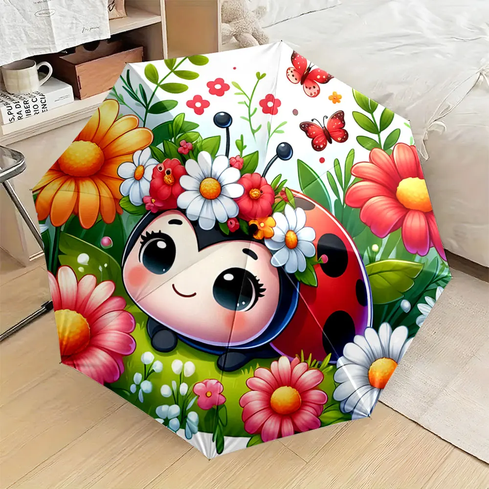 1PC Colorful Ladybug Umbrella with Floral Design Print 8 Iron Ribs Folding Umbrella Auto-Open Fashion Sunshade
