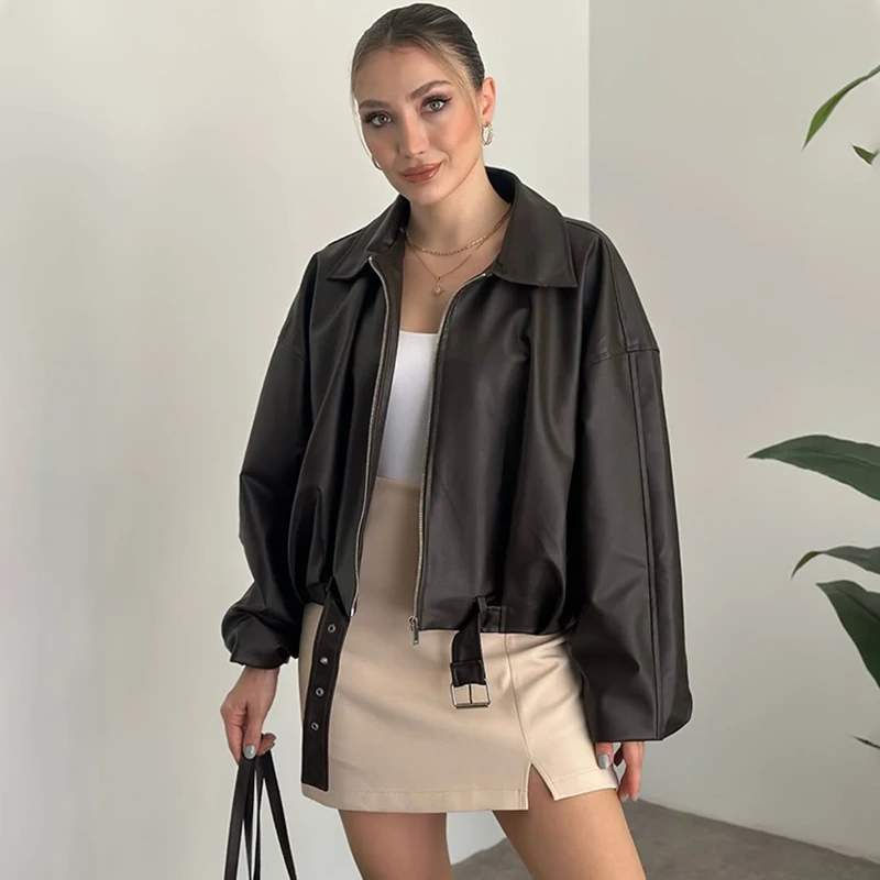Fashion Leather Jacket Women's Vintage Faux Leather Bomber Jacket Solid Zipper Lapel Long Sleeves Autumn High Street Coat 2