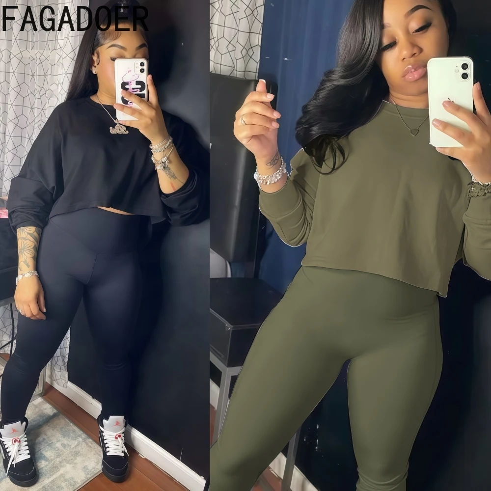 

FAGADOER Autumn New Casual Sports 2 Pieces Set for Woman Long Sleeve Round Neck Crop Top + High Waist Pants Female Streetwear