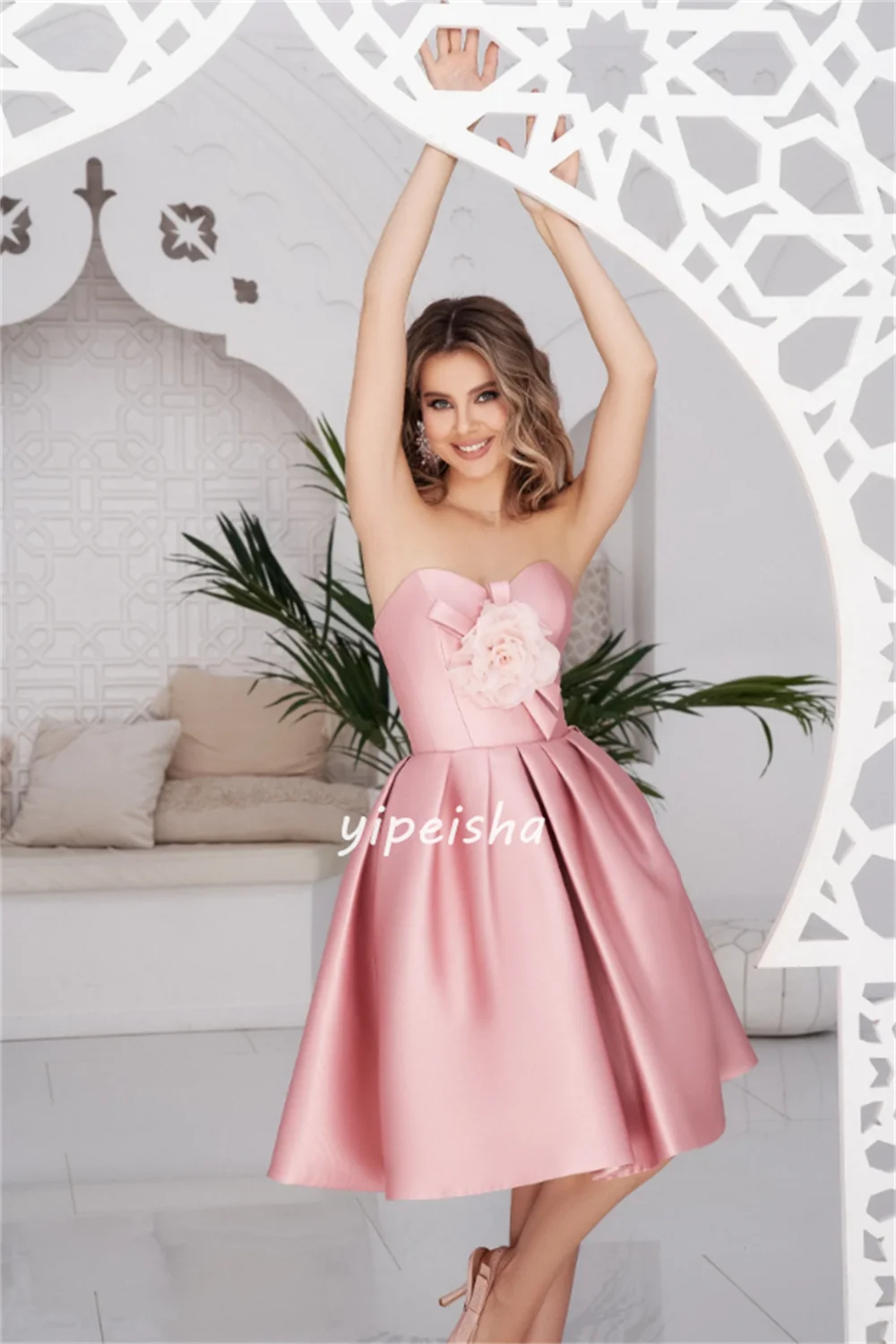 Customized Satin Handmade Flower Cocktail Party A-line Strapless Bespoke Occasion Gown Midi Dresses