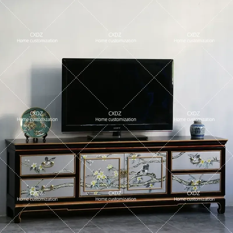 Modern New Chinese Style Simple Solid Wood Painted Lacquer Entrance TV Cabinet Low Retro Classic Storage Floor Audio Visual